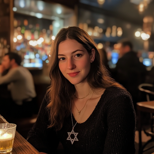 Photograph of Rachel with Star of David necklace.