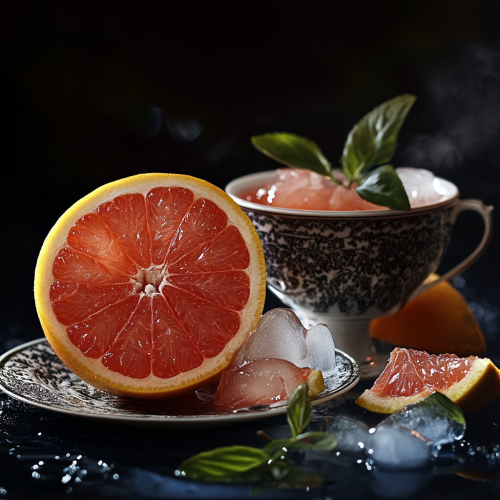 Photographer documents grapefruit tea with iced aesthetic decoration.