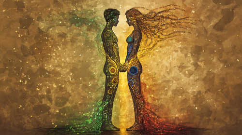 Photorealistic Full Body Man Woman Color-Coded Chakras Energy Exchange