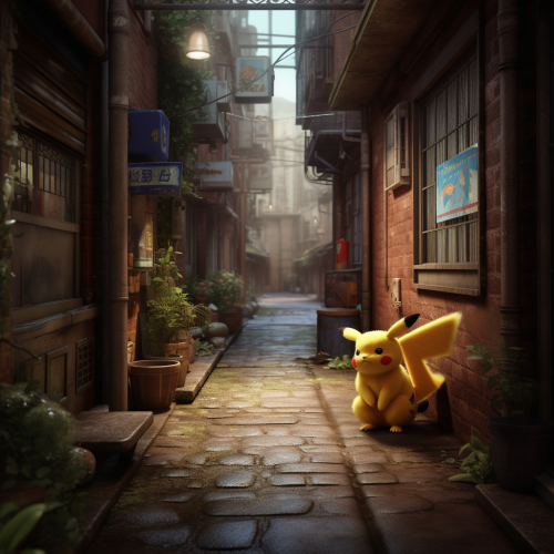 Photorealistic Pikachu with fluffy fur in Japanese alleyway Photorealistic Pikachu with fluffy fur in Japanese alleyway