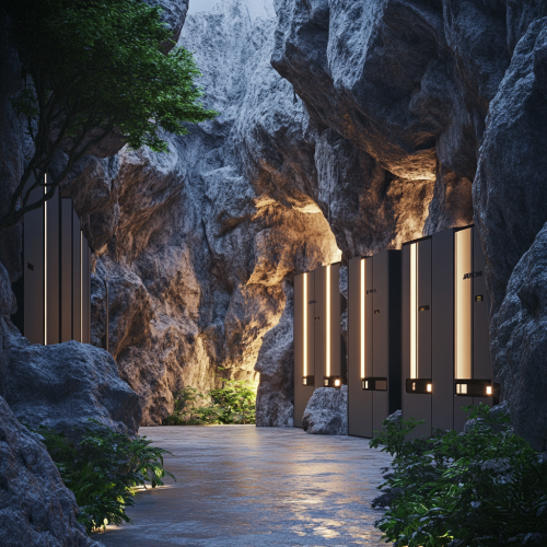 Photorealistic image of RFID lockers in artificial rock formations.