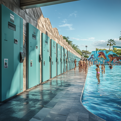 Photorealistic image of RFID lockers in waterpark setting. Photorealistic image of RFID lockers in waterpark setting.