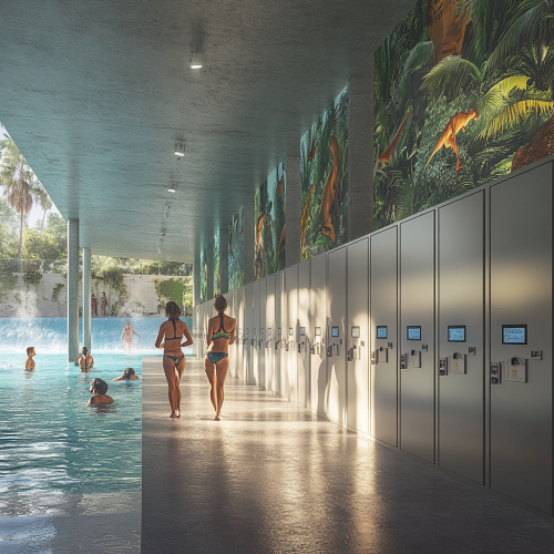 Photorealistic image of RFID lockers with dinosaur murals. Photorealistic image of RFID lockers with dinosaur murals.