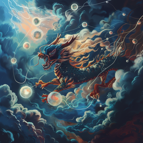 Pi Xiu Flying Among Glowing Orbs