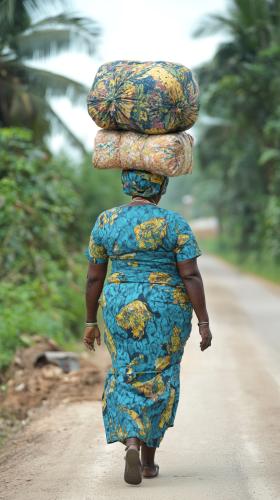 Picture of Ezinne, Nigerian midwife, with braided hair, walking.