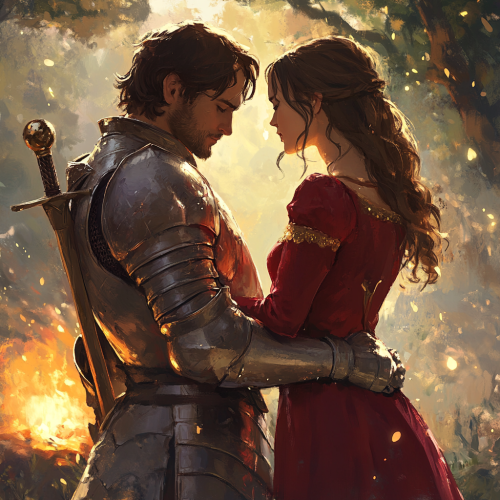 Picture of medieval knight and noblewoman in nature.