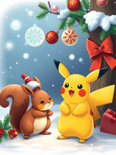 Pikachu, Squirrel, and Charmandor Celebrating Christmas