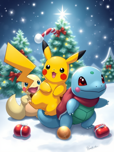 Pikachu, Squirtle, Charmander, Bulbasaur Celebrating Christmas