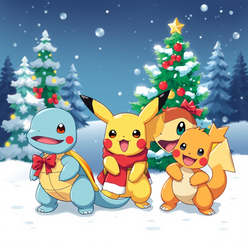 Pikachu, Squirtle, Charmander, Bulbasaurus Celebrating Christmas