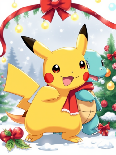 Pikachu, Squirtle, Charmander Celebrating Christmas