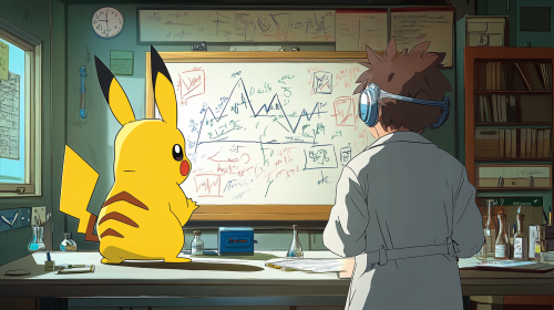 Pikachu in labcoat solves math problem on whiteboard