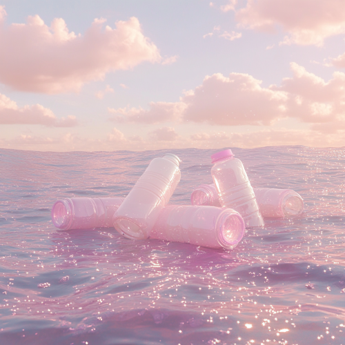 Pink and white bottles float in ocean