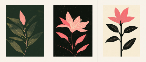 Pink flower, green leaves, bold lines, colorful prints.