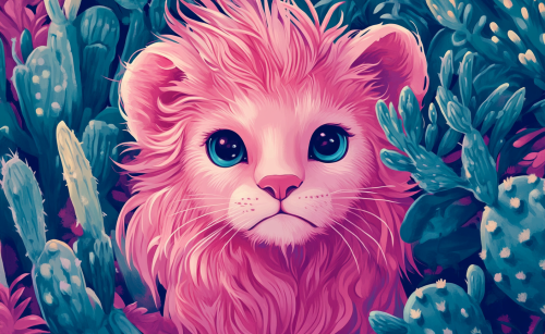 Pink lion with big eyes in cactus garden.