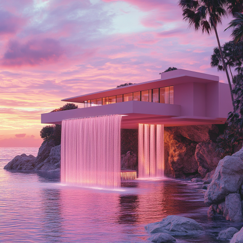 Pink toned futuristic Kaufmann House reimagined in lunar setting.