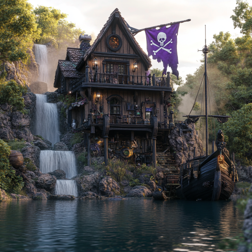 Pirate house with purple and black flag. Pirate ship.