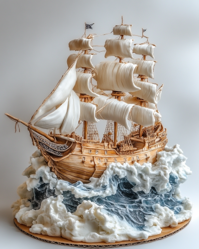 Pirate ship cake on sea with waves