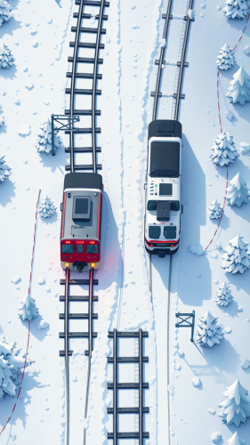 Pixel art train travels through snowy landscape game.