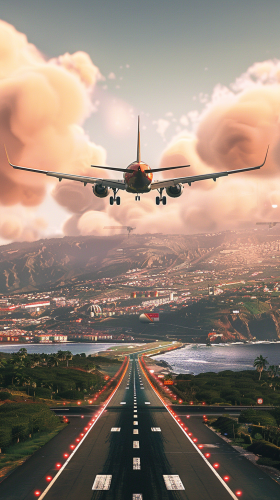 Plane landing diagonally with left wing higher. Vibrant background.