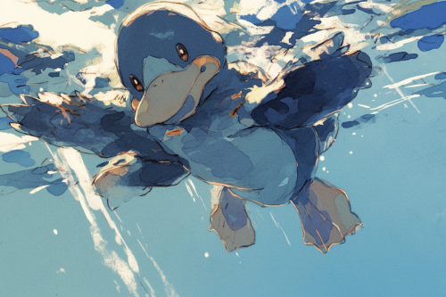 Platypus Pokemon Swimming in Blue White Lighting