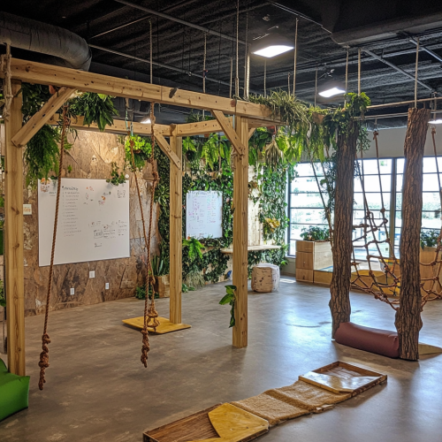 Play space with climbers, bridges, walls, ecosystem simulations.