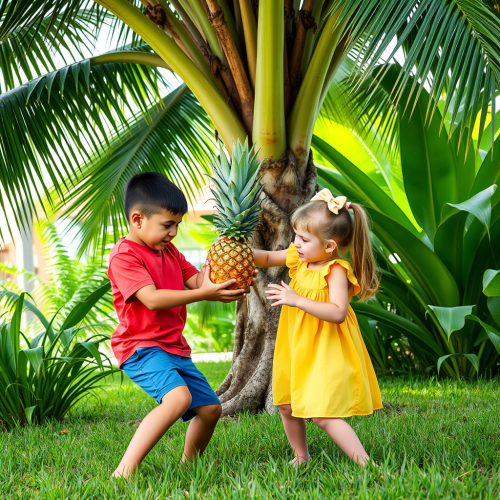 Playful Pineapple Tug-of-War Under Tropical Tree