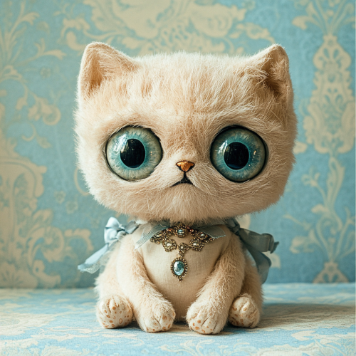 Plush two-headed cat toy with jeweled collar sits.
