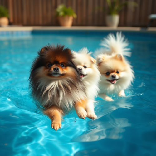 Pomeranians Having Fun in the Pool