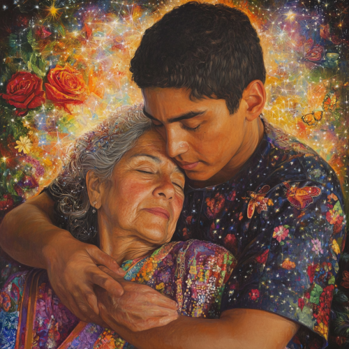 Portrait of Henry Vasquez embracing mother, radiating warmth. Portrait of Henry Vasquez embracing mother, radiating warmth.