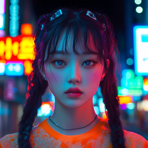 Portrait of Korean girl in cyberpunk city with neon signs.