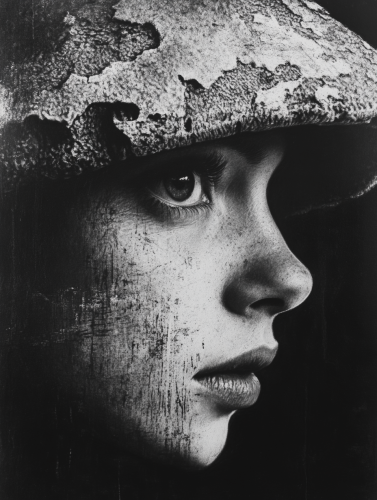 Portrait of half woman, half mushroom in monochrome