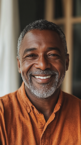 Portrait of happy old black man smiling on zoom.