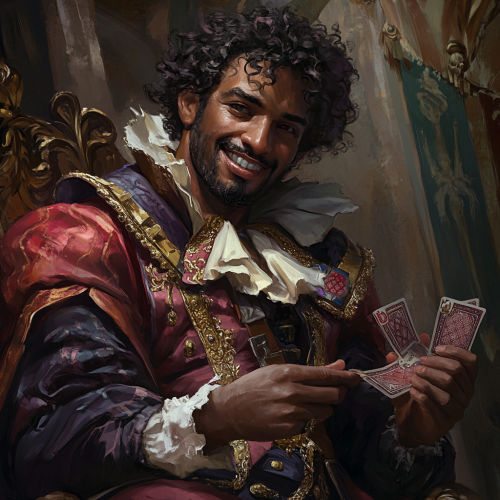 Portrait of man in jester attire with magic cards.