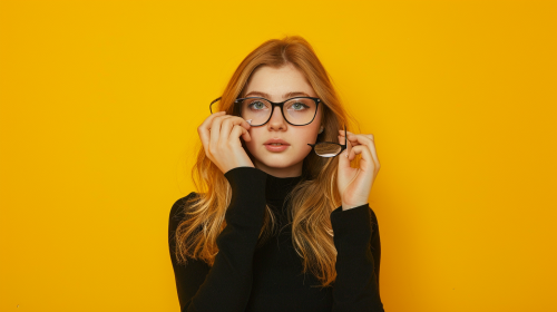 Portrait of young woman with glasses on yellow background
