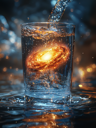 Pouring colorful galaxy into glass of water