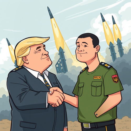 President Trump and Zelenskyy handshake with launching missiles.