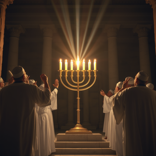 Priests Rededicating Temple with Lit Menorah Post-Rebellion