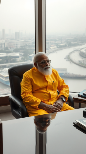 Prime Minister Modi wears hazmat suit in office.