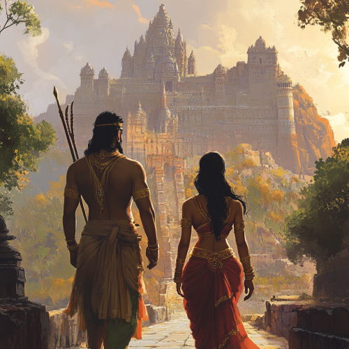 Prince Ram and Sita walking in royal palace.