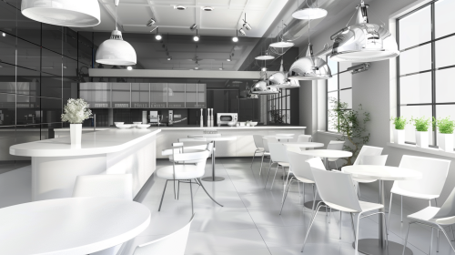 Profesjonalna, nowoczesna kuchnia restauracyjna, białe meble