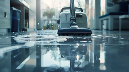 Professional cleaner using wet vacuum on clean tiled floor