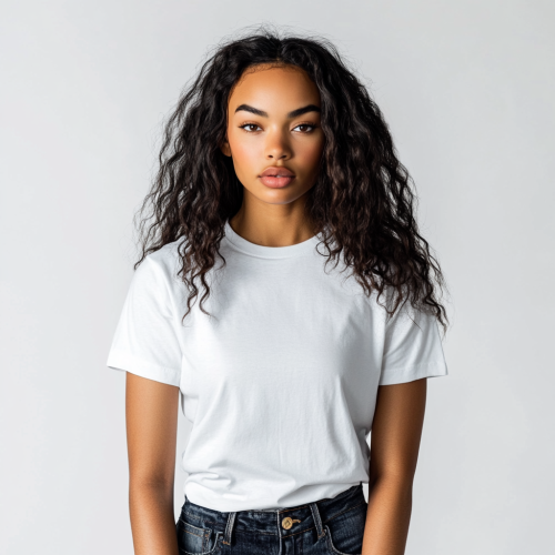 Professional female model in white t-shirt fashion shoot