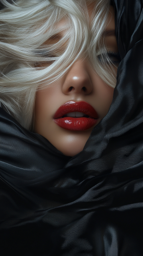 Professional model with big fake lips in dark background