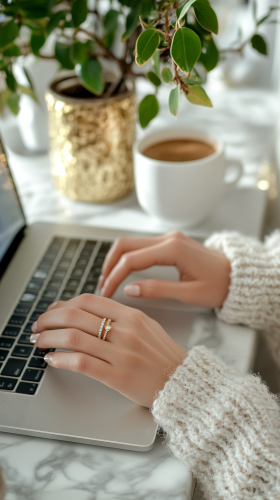 Professional woman typing on laptop at marble desk