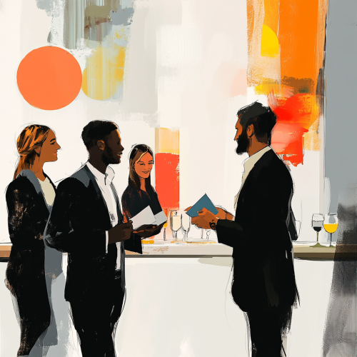 Professionals at networking event, exchanging business cards