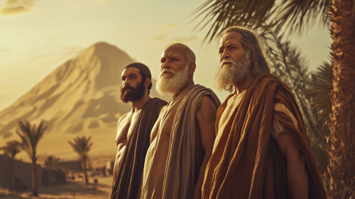 Prophet Noah and Sons in Desert at Sunrise