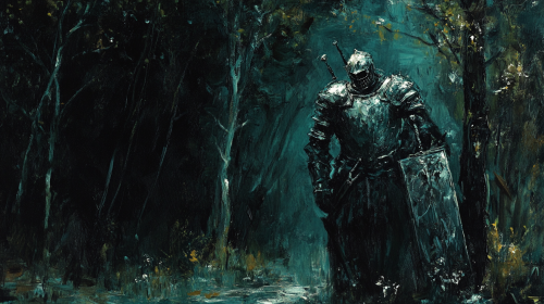 Protective knight guards frightened girl in eerie forest