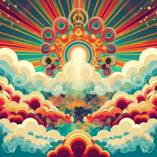 Psytrance festival flyer with DJ equipment in sunny sky. Psytrance festival flyer with DJ equipment in sunny sky.