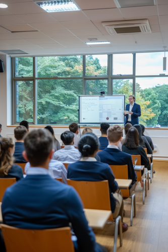 Public speaking training in formal setting with confident participant.