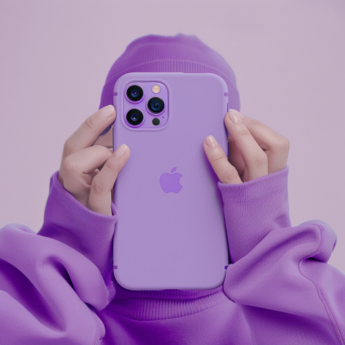 Purple iPhone held by hands in texting position
